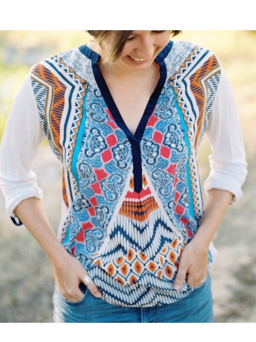 Anthropologie Tiny Aztec Patchwork Print Southwestern V-Neck Blouse Size Large